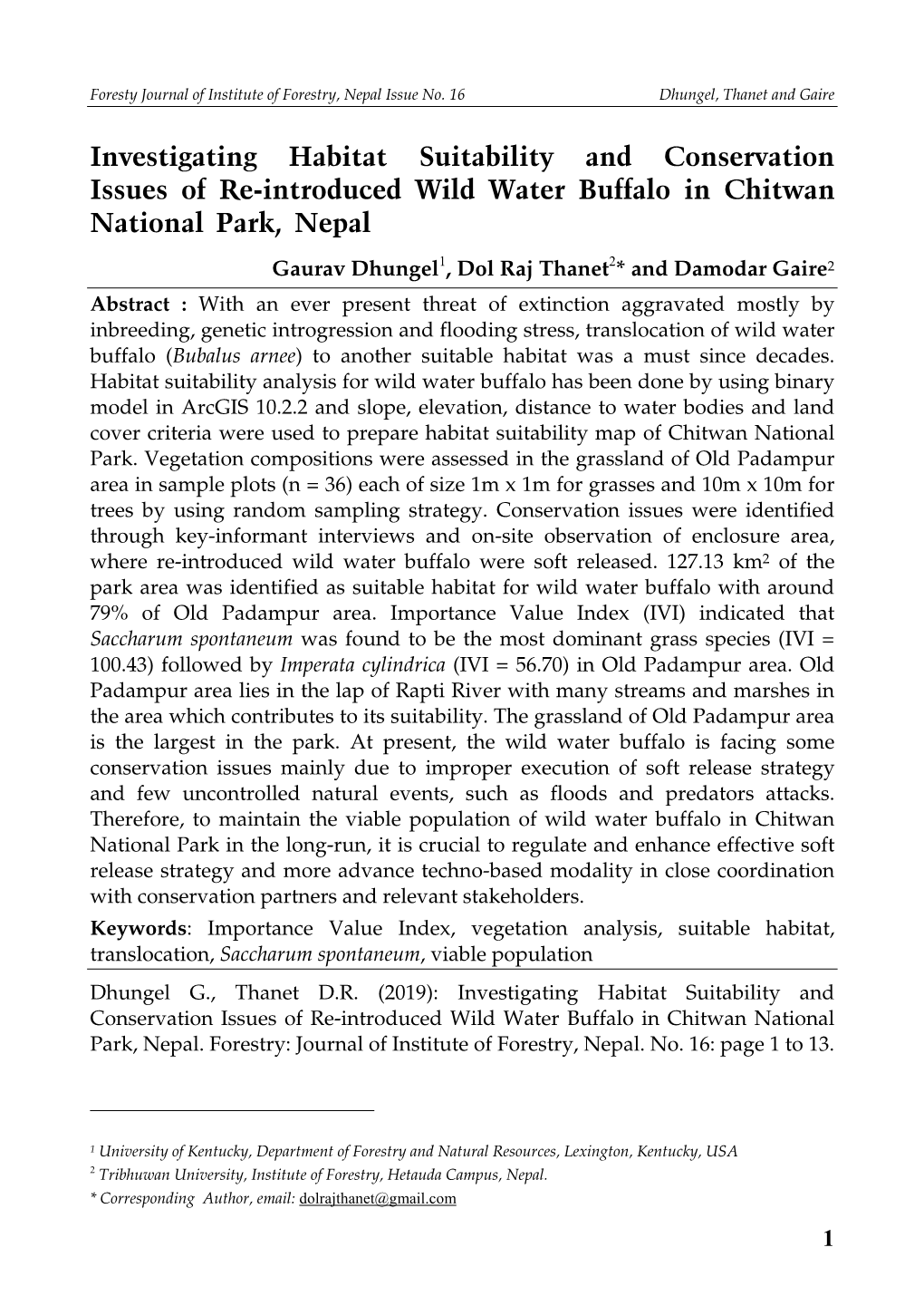 Investigating Habitat Suitability and Conservation Issues of Re-Introduced Wild Water Buffalo in Chitwan National Park, Nepal