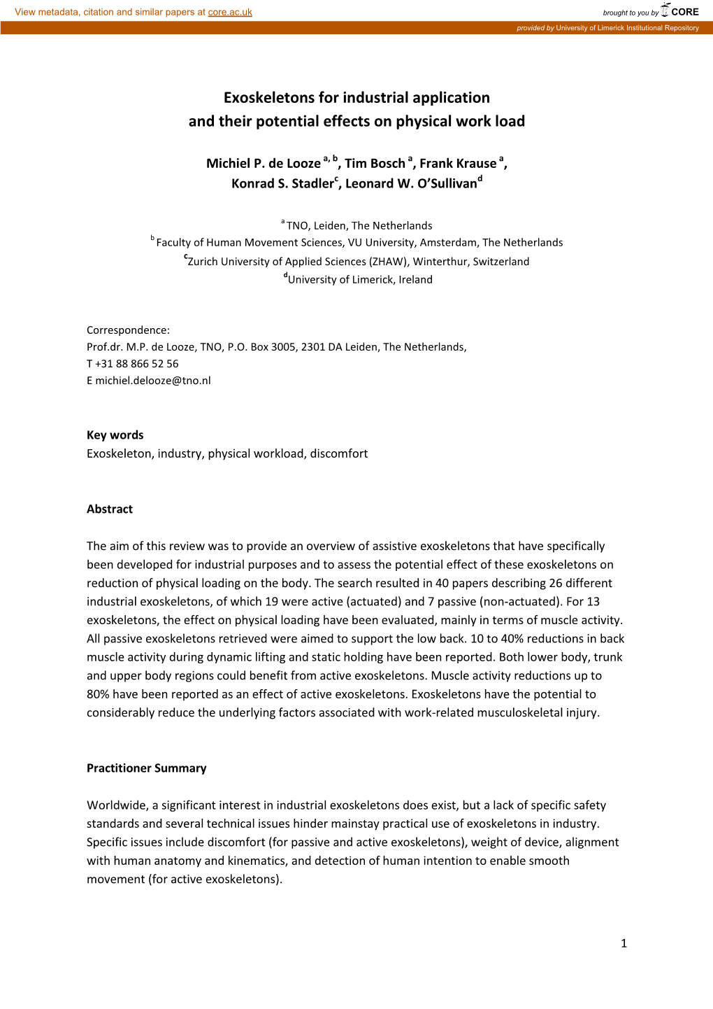 Exoskeletons for Industrial Application and Their Potential Effects on Physical Work Load