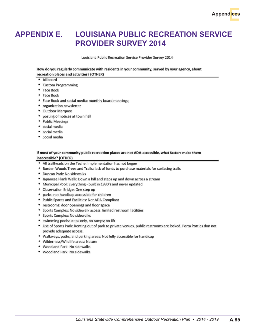 Appendix E. Louisiana Public Recreation Service Provider Survey 2014