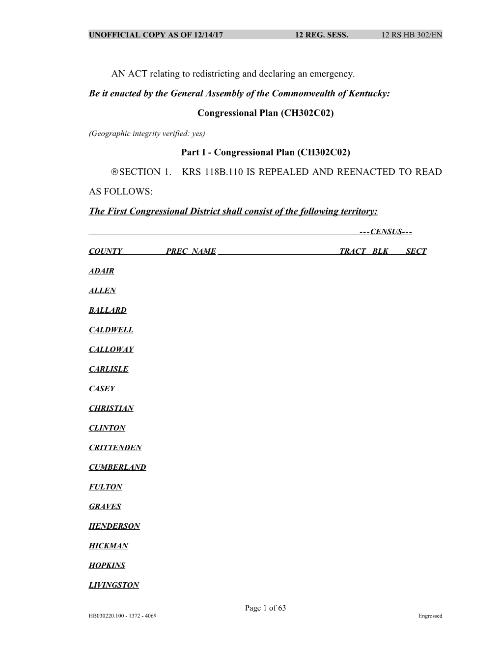 AN ACT Relating To Redistricting And Declaring An Emergency