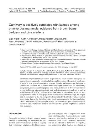 Carnivory Is Positively Correlated with Latitude Among Omnivorous Mammals: Evidence from Brown Bears, Badgers and Pine Martens