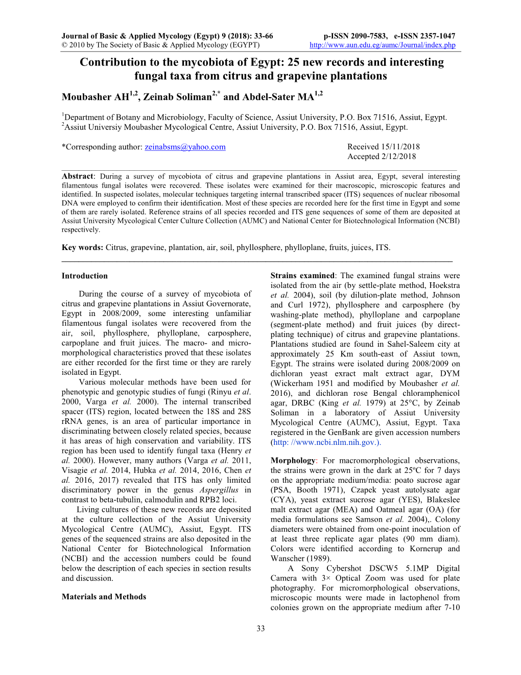 25 New Records and Interesting Fungal Taxa from Citrus and Grapevine Plantations Moubasher AH1,2, Zeinab Soliman2,* and Abdel-Sater MA1,2