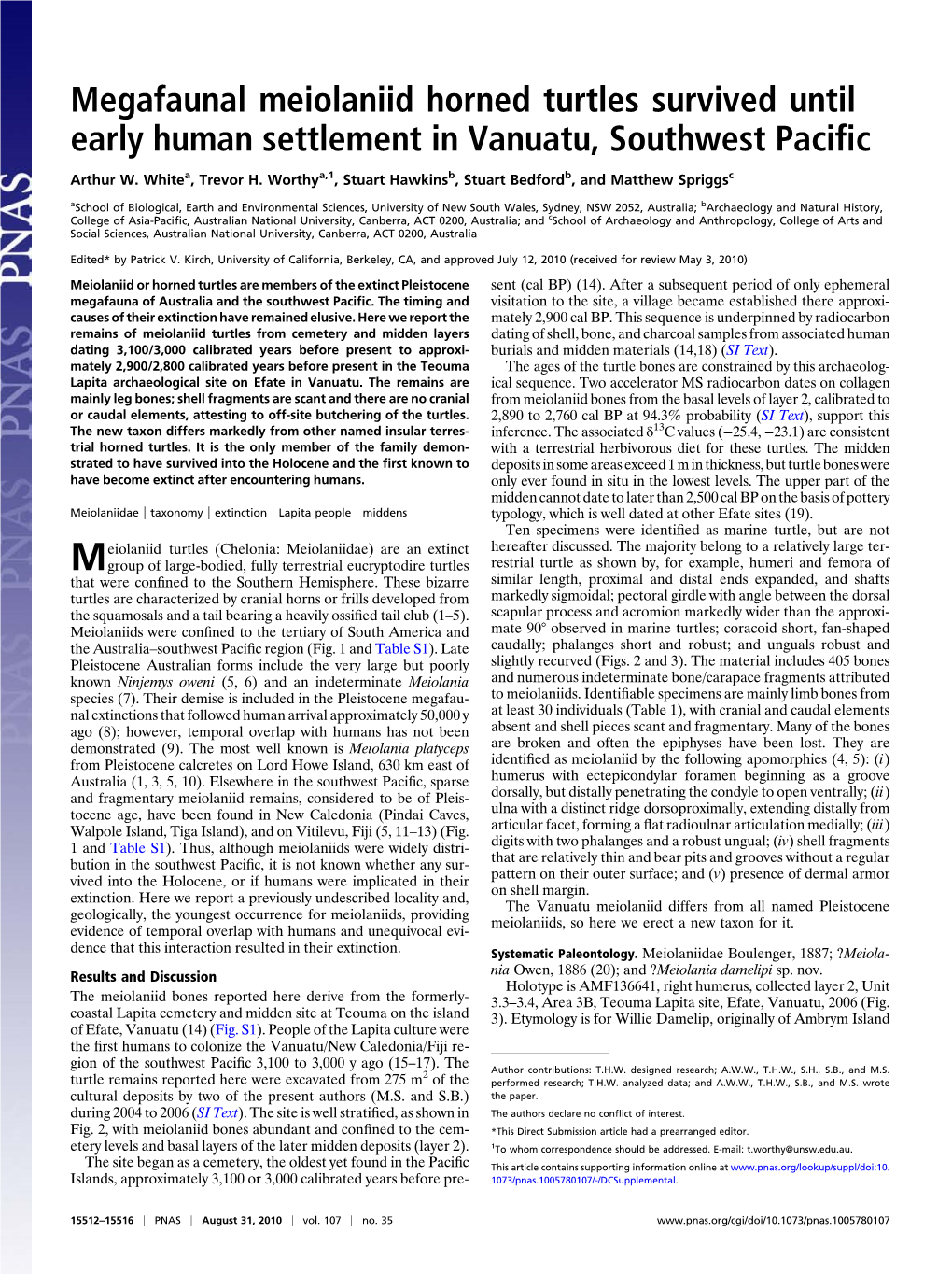 Megafaunal Meiolaniid Horned Turtles Survived Until Early Human Settlement in Vanuatu, Southwest Paciﬁc