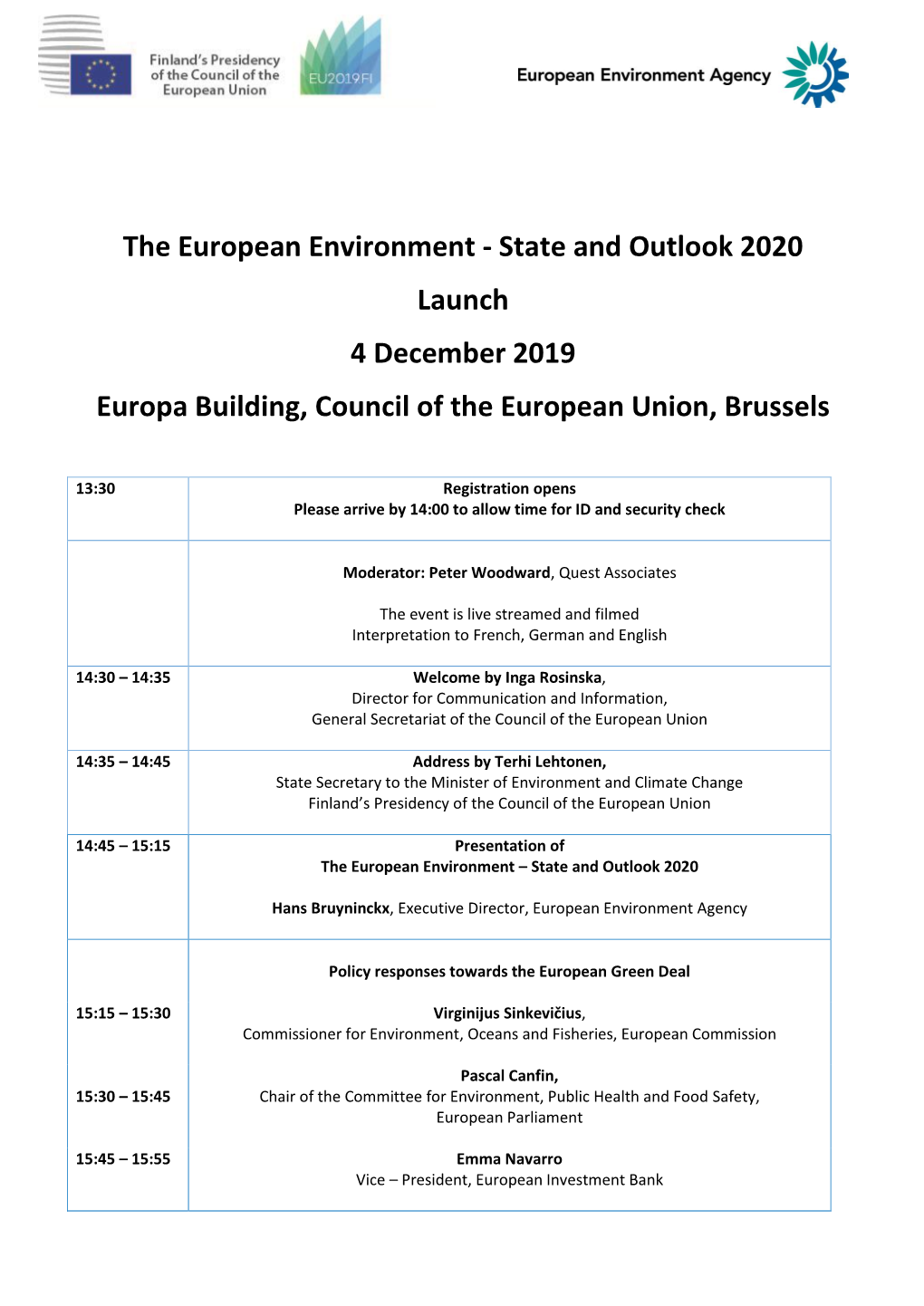 The European Environment - State and Outlook 2020 Launch 4 December 2019