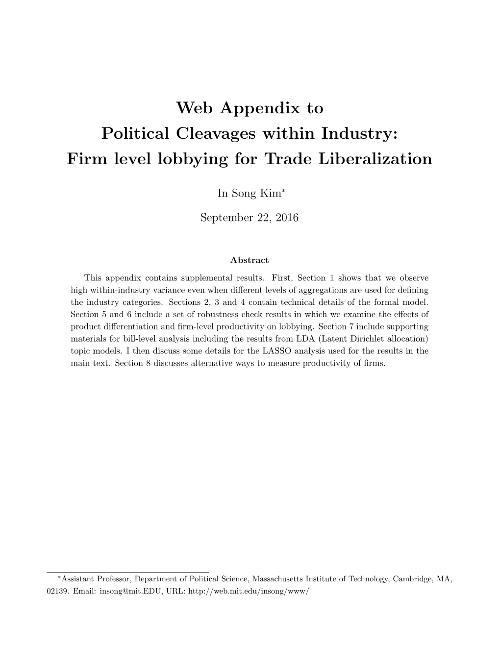 Web Appendix to Political Cleavages Within Industry: Firm Level Lobbying for Trade Liberalization