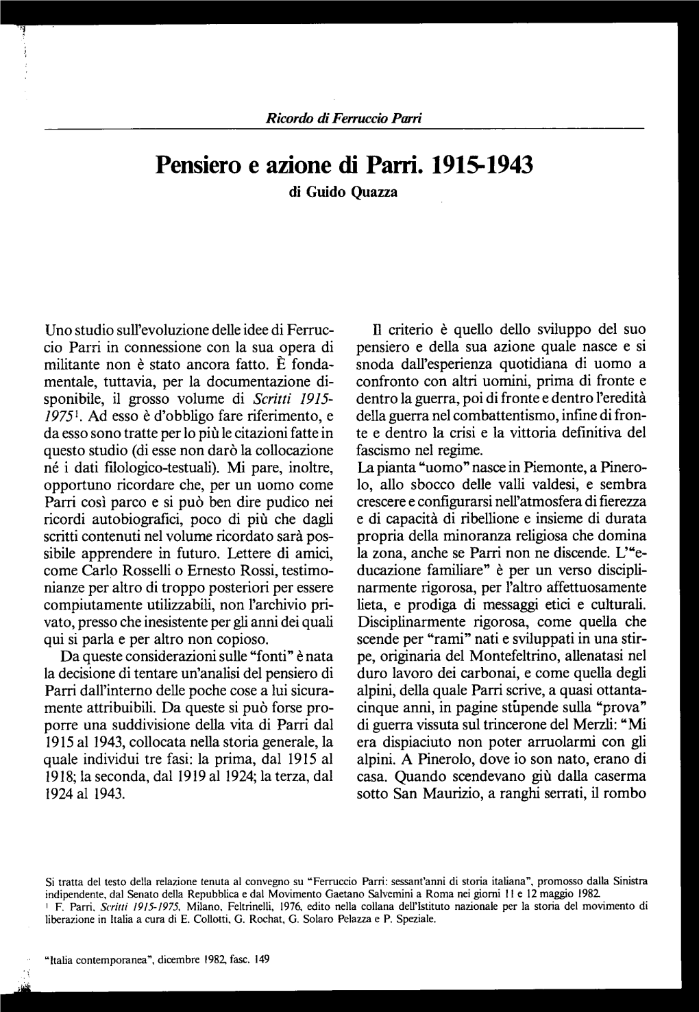 Pensiero E Azione Di Parri. 1915-1943 Di Guido Quazza