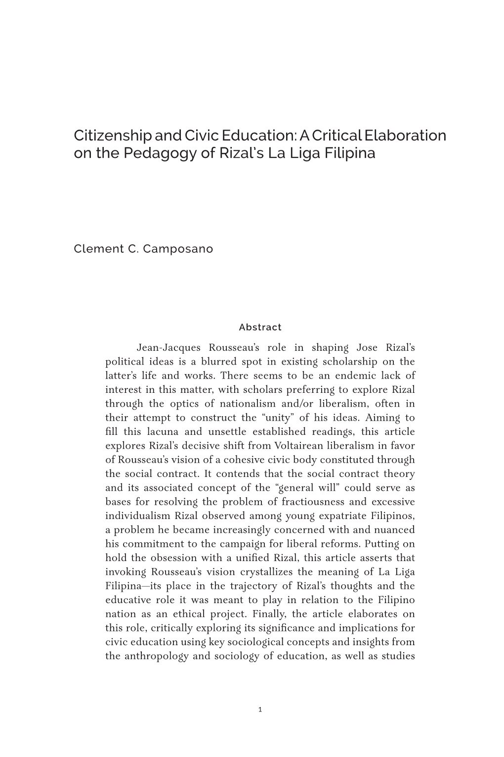 A Critical Elaboration on the Pedagogy of Rizal's La Liga Filipina