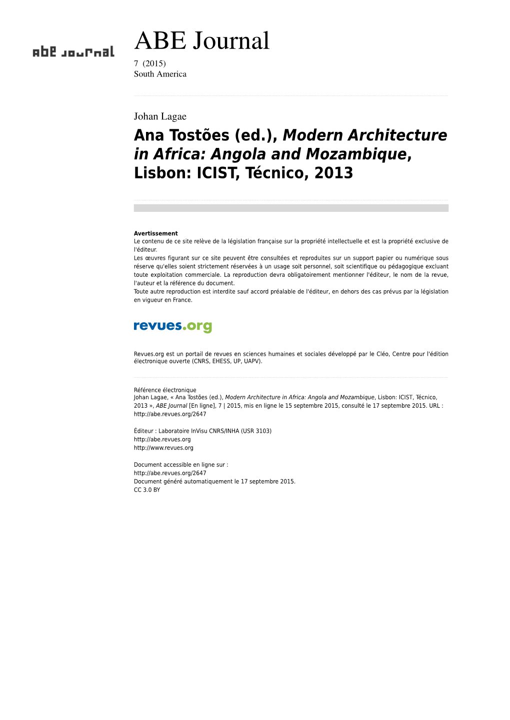 Modern Architecture in Africa: Angola and Mozambique, Lisbon: ICIST, Técnico, 2013