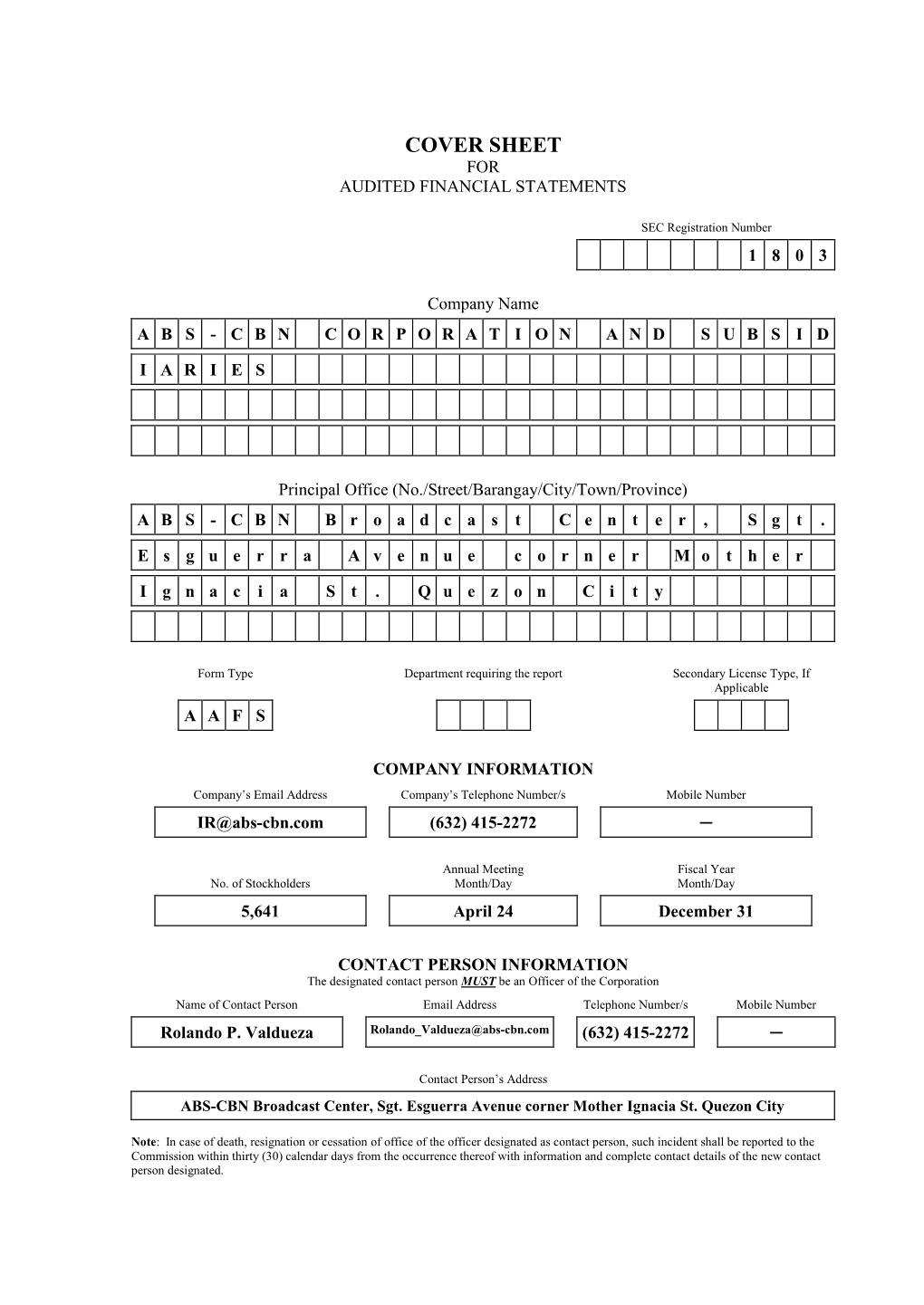 Cover Sheet for Audited Financial Statements