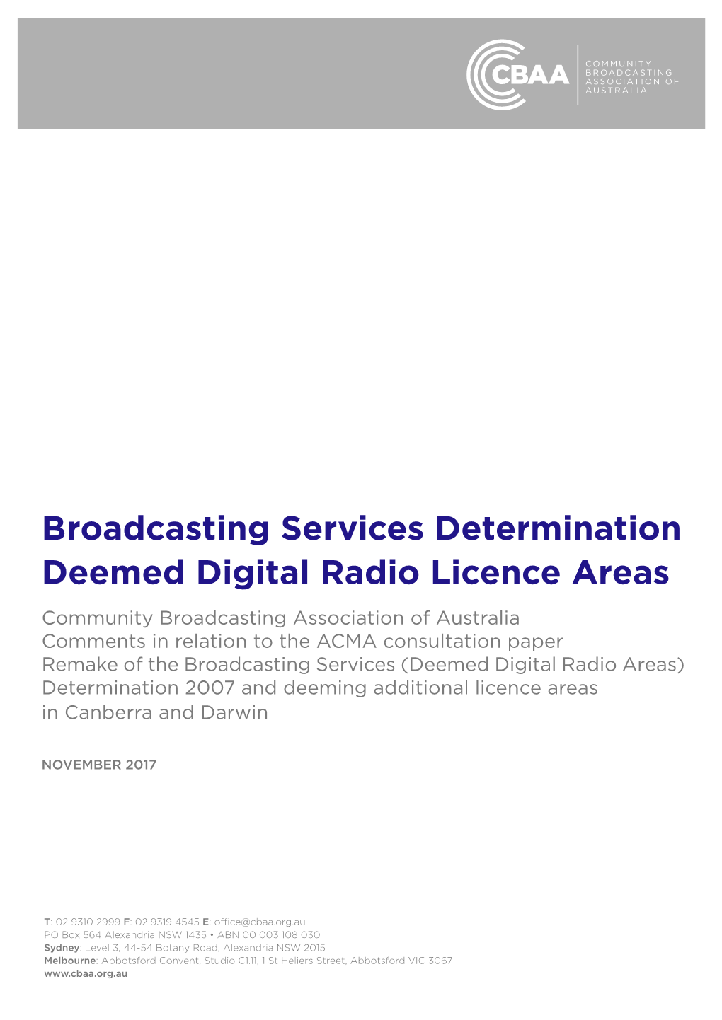 CBAA Submission ACMA Digital Radio Deeming-November 2017.Pdf