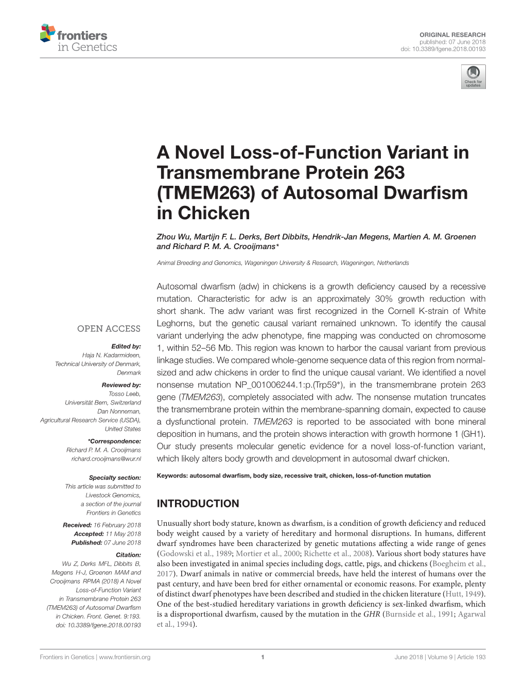 A Novel Loss-Of-Function Variant in Transmembrane Protein 263 (TMEM263) of Autosomal Dwarﬁsm in Chicken