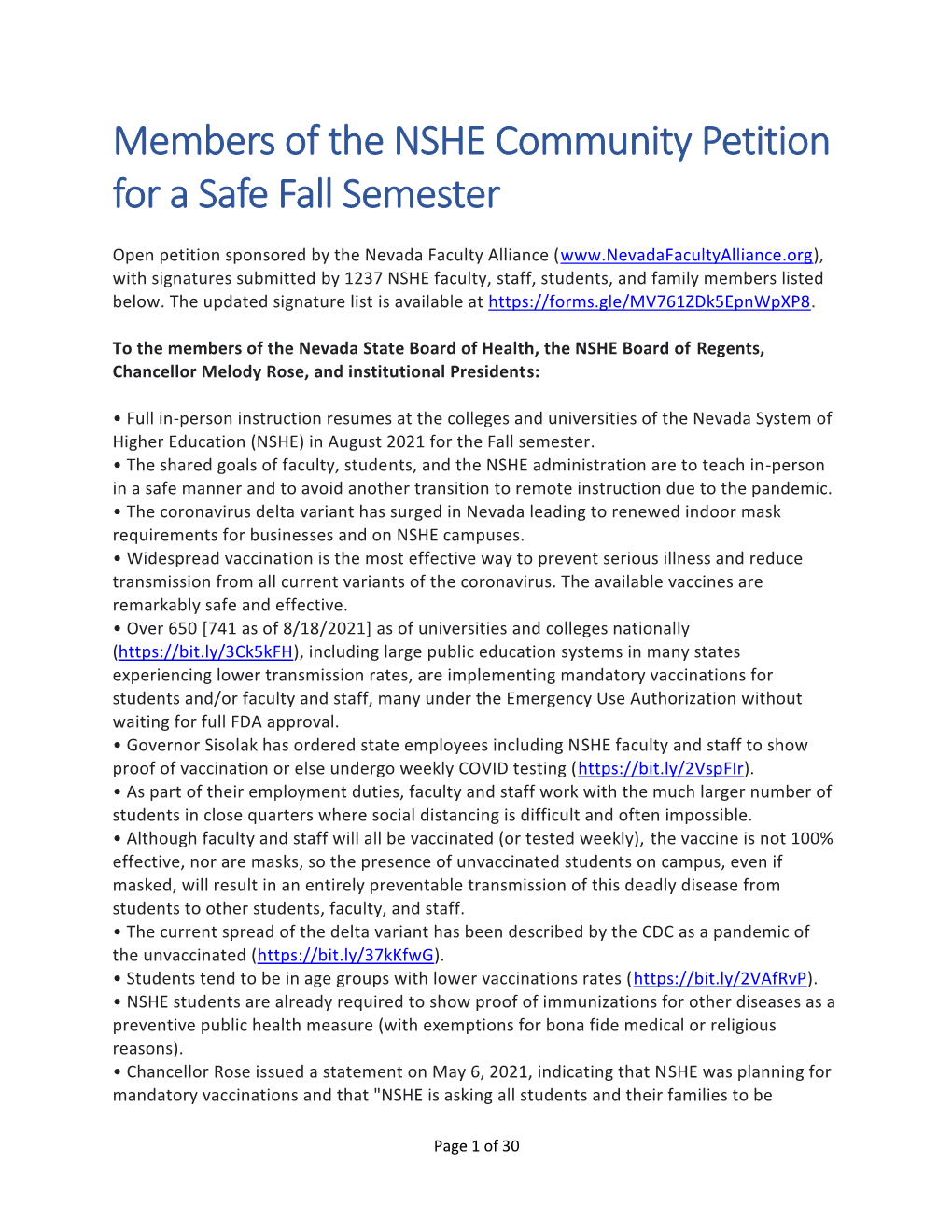 Members of the NSHE Community Petition for a Safe Fall Semester