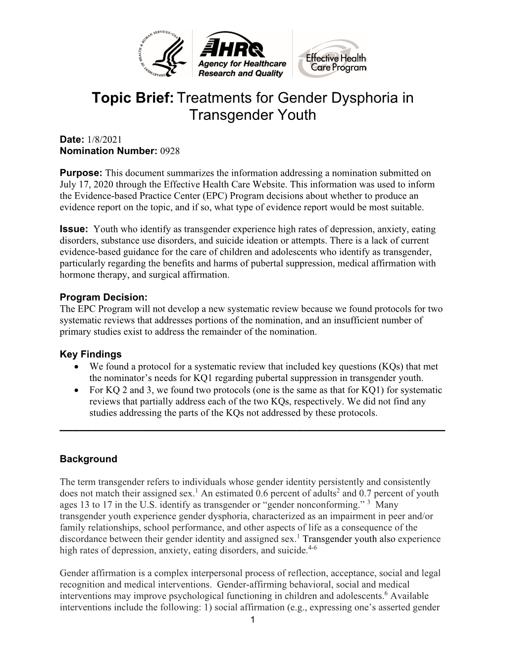 Topic Brief: Treatments for Gender Dysphoria in Transgender Youth