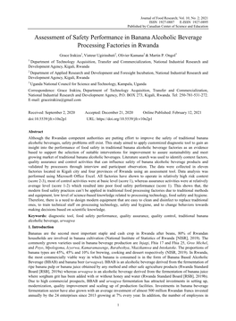 Assessment of Safety Performance in Banana Alcoholic Beverage Processing Factories in Rwanda