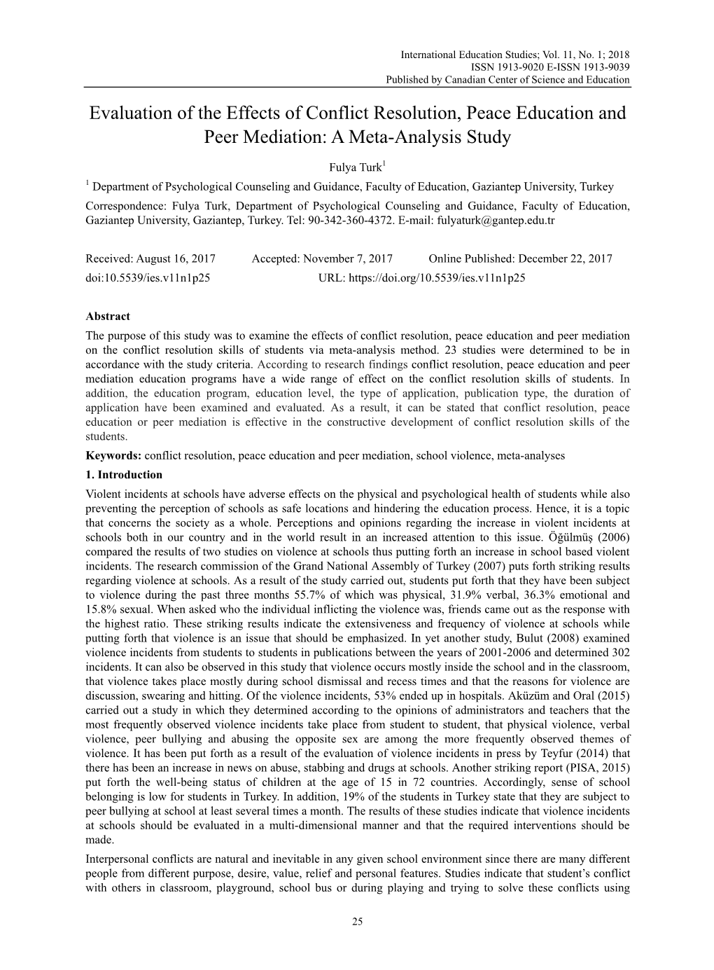 Evaluation of the Effects of Conflict Resolution, Peace Education and Peer Mediation: a Meta-Analysis Study