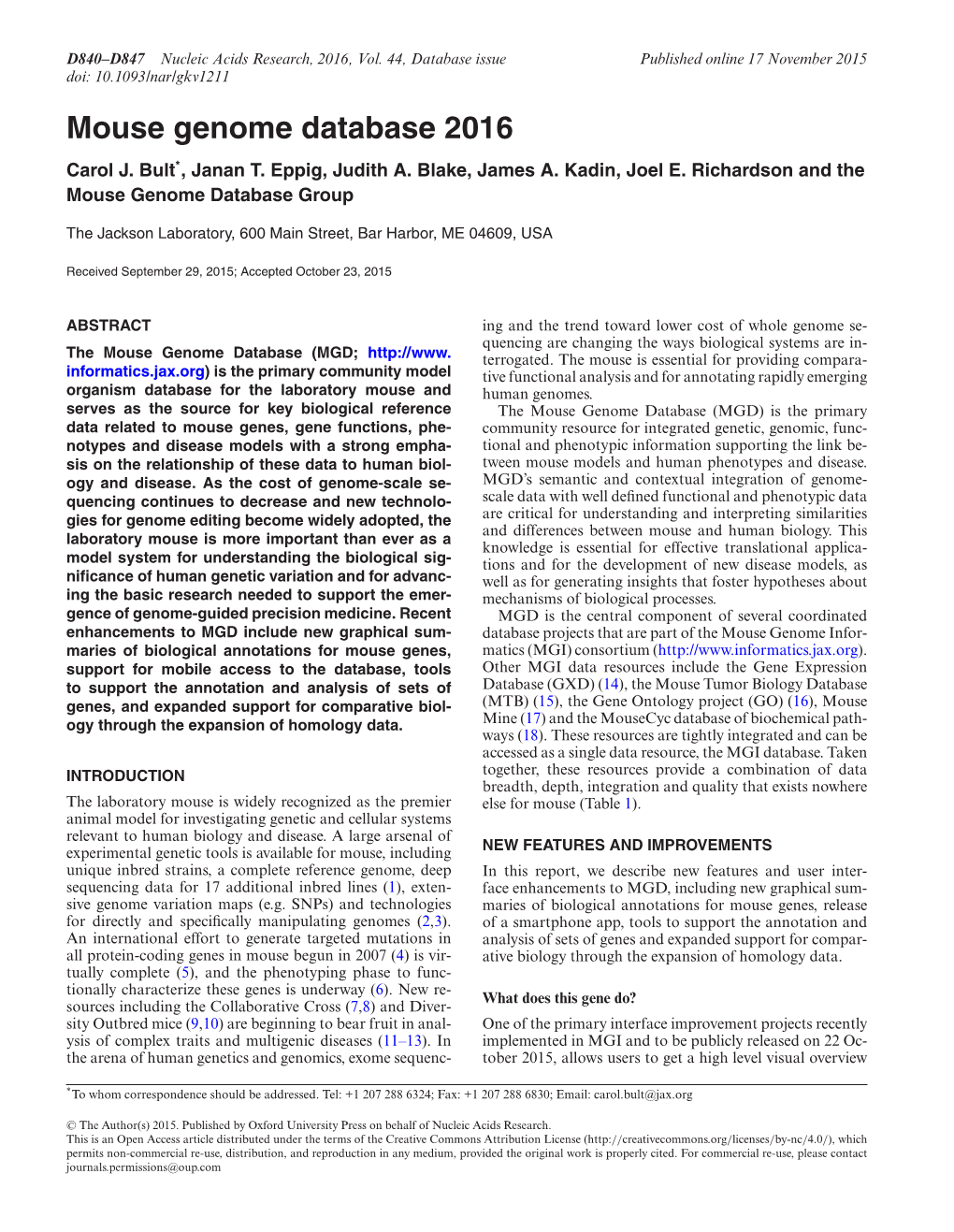 Mouse Genome Database 2016 Carol J