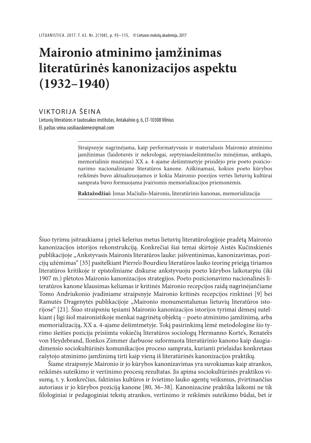 Maironio Atminimo Įamžinimas Literatūrinės Kanonizacijos Aspektu (1932–1940)