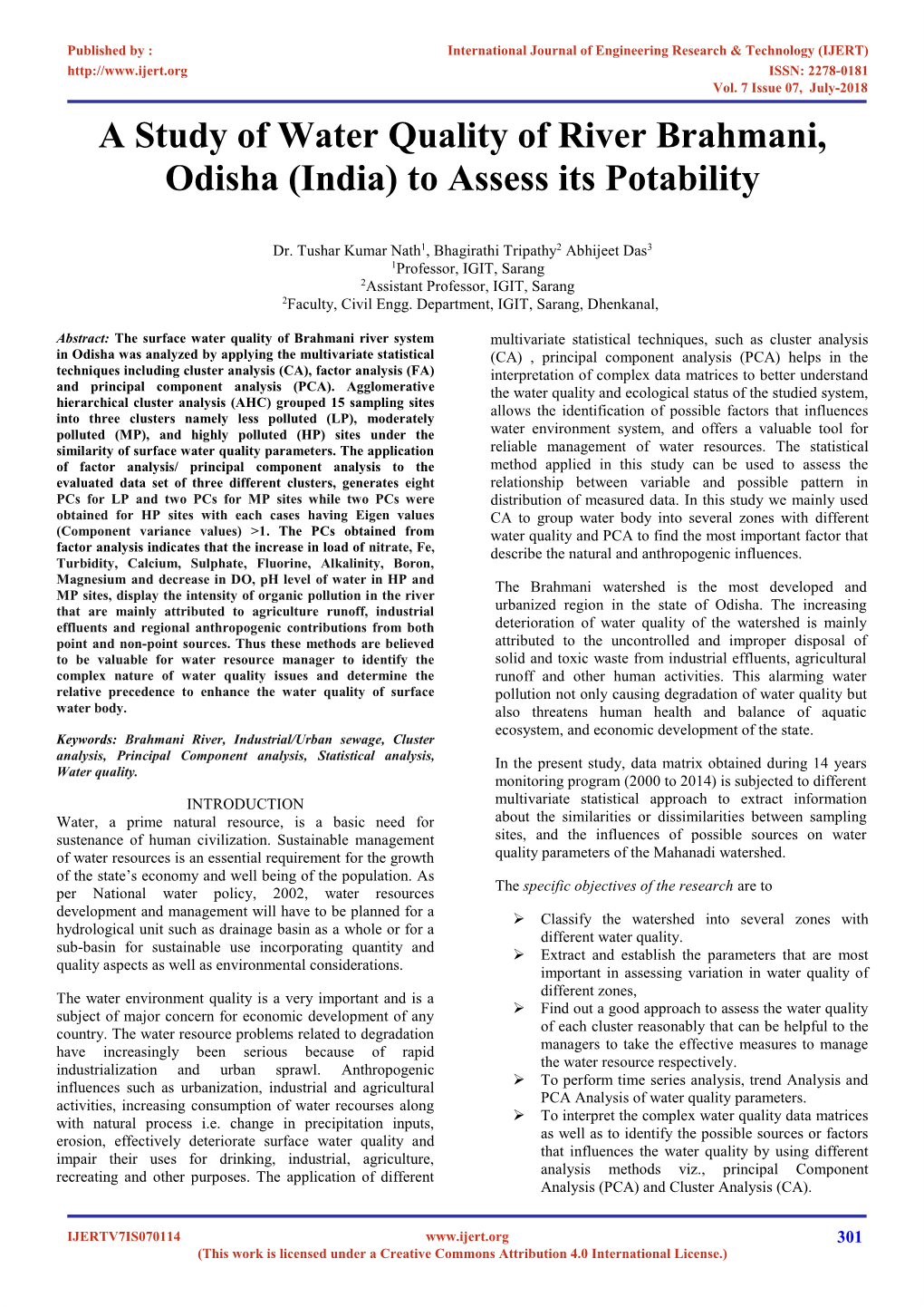 A Study of Water Quality of River Brahmani, Odisha (India) to Assess Its Potability