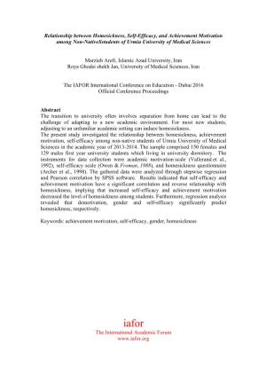 Relationship Between Homesickness, Self-Efficacy, and Achievement Motivation Among Non-Nativesstudents of Urmia University of Medical Sciences