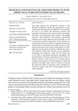 Resources and Potential of Agri-Food Products with Added Value in Braničevo-Podunavlje Region