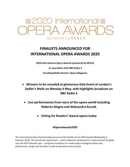 Finalists Announced for International Opera Awards 2020