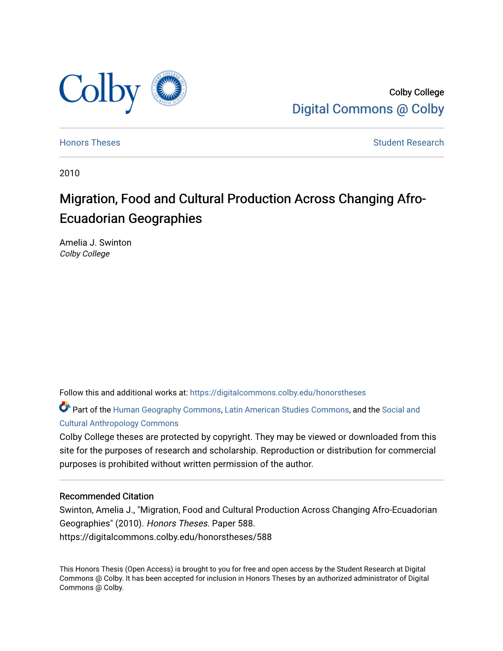 Migration, Food and Cultural Production Across Changing Afro- Ecuadorian Geographies