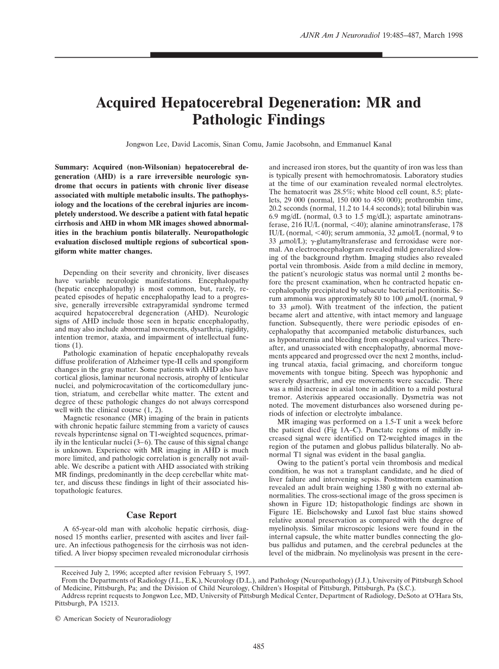 Acquired Hepatocerebral Degeneration: MR and Pathologic Findings