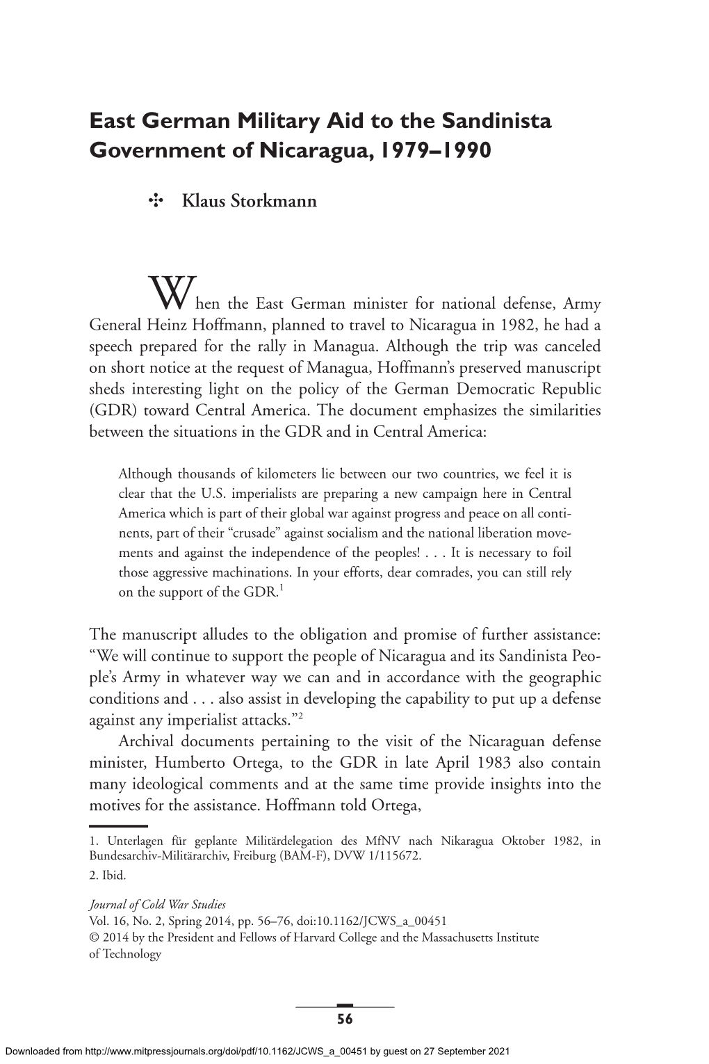 East German Military Aid to the Sandinista Government of Nicaragua, 1979–1990