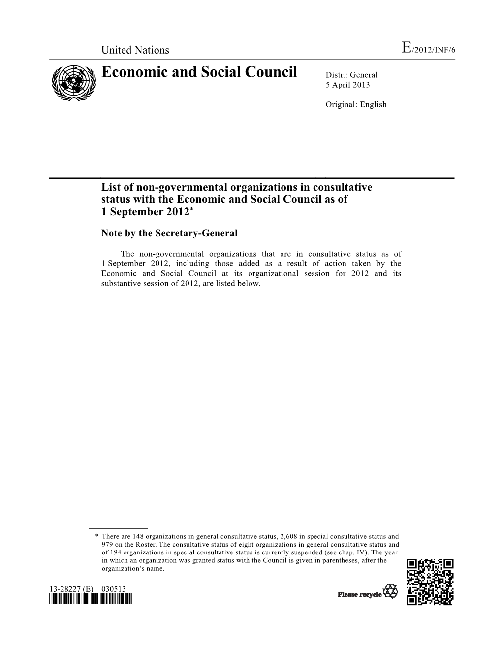 List of Non-Governmental Organizations in Consultative Status with the Economic and Social Council As of 1 September 2012*