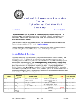 National Infrastructure Protection Center Cybernotes: 2001 Year End Summary Issue #2001-26 December 31, 2001