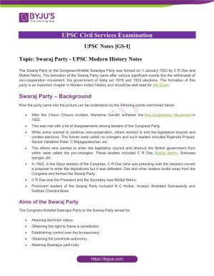 Swaraj Party - UPSC Modern History Notes
