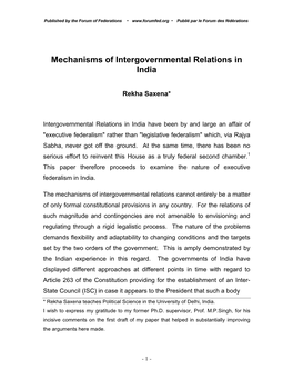 Mechanisms of Intergovernmental Relations in India