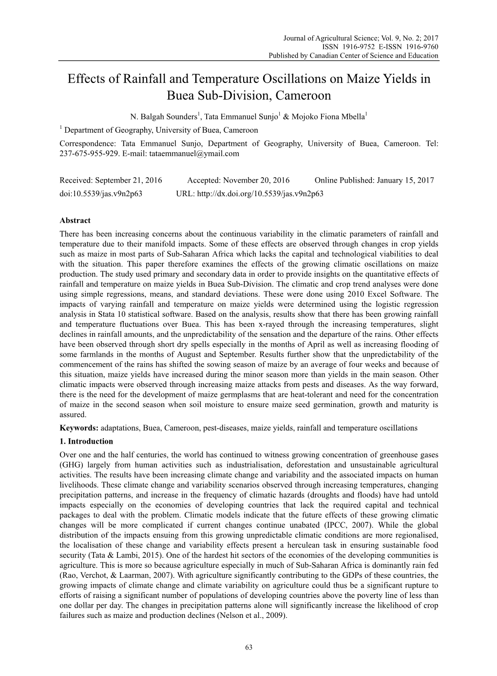 Effects of Rainfall and Temperature Oscillations on Maize Yields in Buea Sub-Division, Cameroon