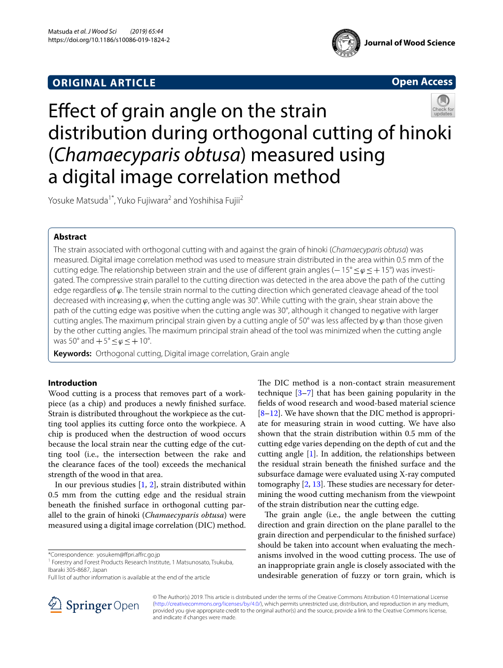 Effect of Grain Angle on the Strain Distribution During Orthogonal Cutting of Hinoki