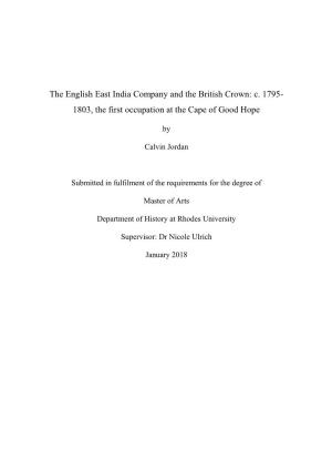 The English East India Company and the British Crown: C. 1795- 1803, the First Occupation at the Cape of Good Hope