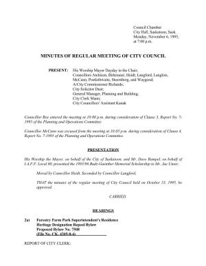 Minutes of Regular Meeting of City Council