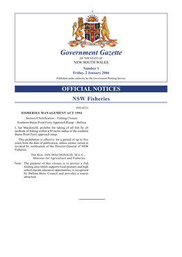 Government Gazette of the STATE of NEW SOUTH WALES Number 1 Friday, 2 January 2004 Published Under Authority by the Government Printing Service