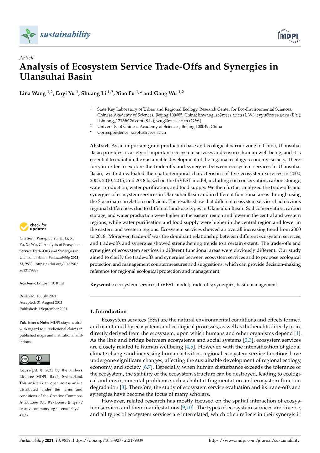 Analysis of Ecosystem Service Trade-Offs and Synergies in Ulansuhai Basin