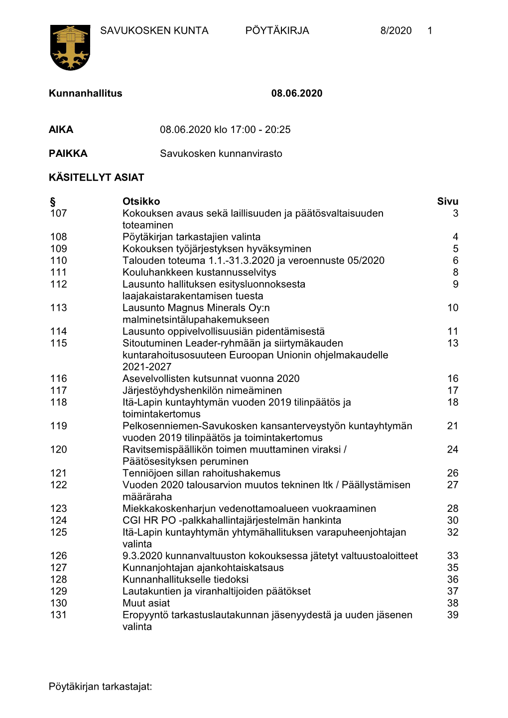 Kunnanhallitus 08.06.2020 AIKA 08.06.2020 Klo 17:00