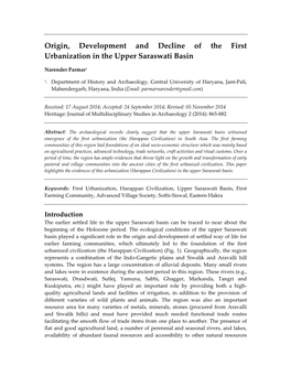 Origin, Development and Decline of the First Urbanization in the Upper Saraswati Basin