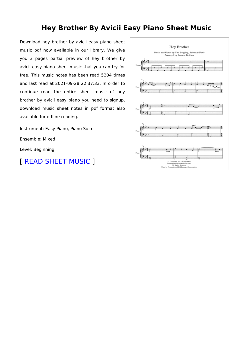 Hey Brother by Avicii Easy Piano Sheet Music
