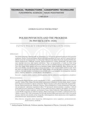 Polish Physicists and the Progress in Physics (1870‒1920)