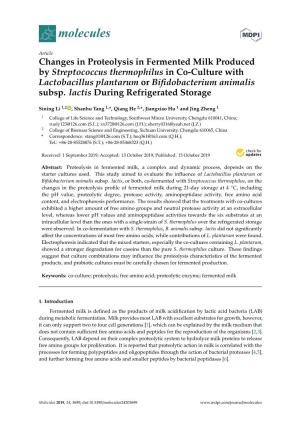 Changes in Proteolysis in Fermented Milk Produced by Streptococcus Thermophilus in Co-Culture with Lactobacillus Plantarum Or Biﬁdobacterium Animalis Subsp