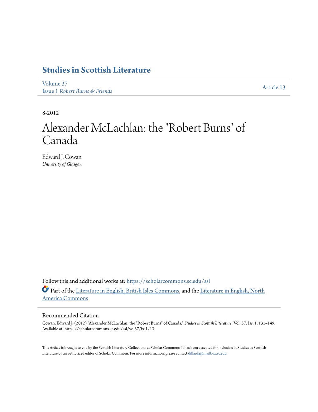 Alexander Mclachlan: the "Robert Burns" of Canada Edward J