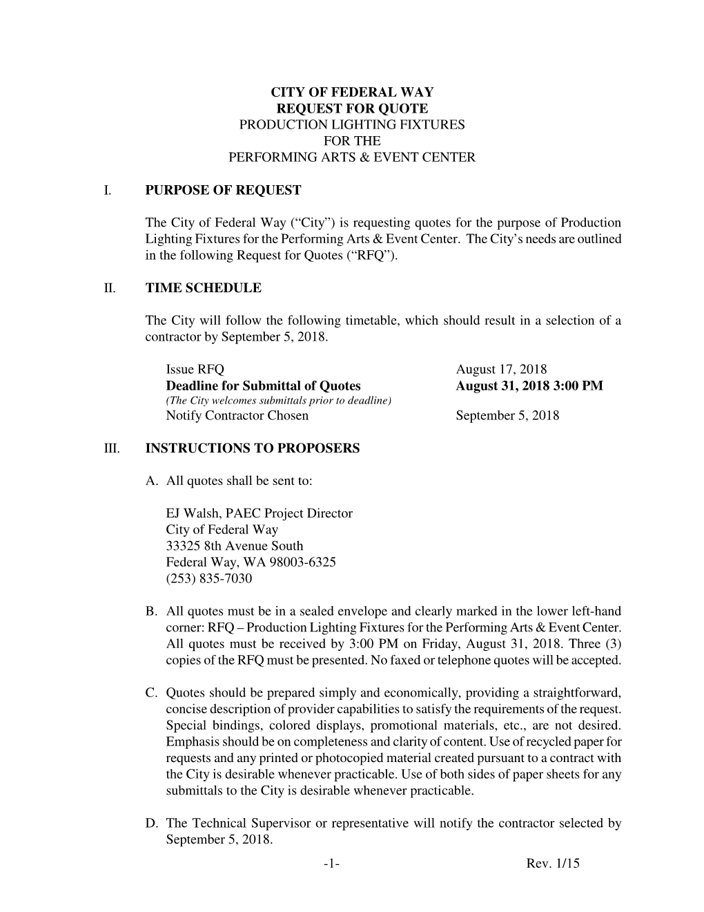 1- Rev. 1/15 CITY of FEDERAL WAY REQUEST for QUOTE