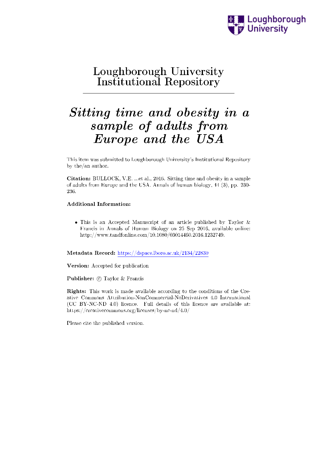 Sitting Time and Obesity in a Sample of Adults from Europe and the USA