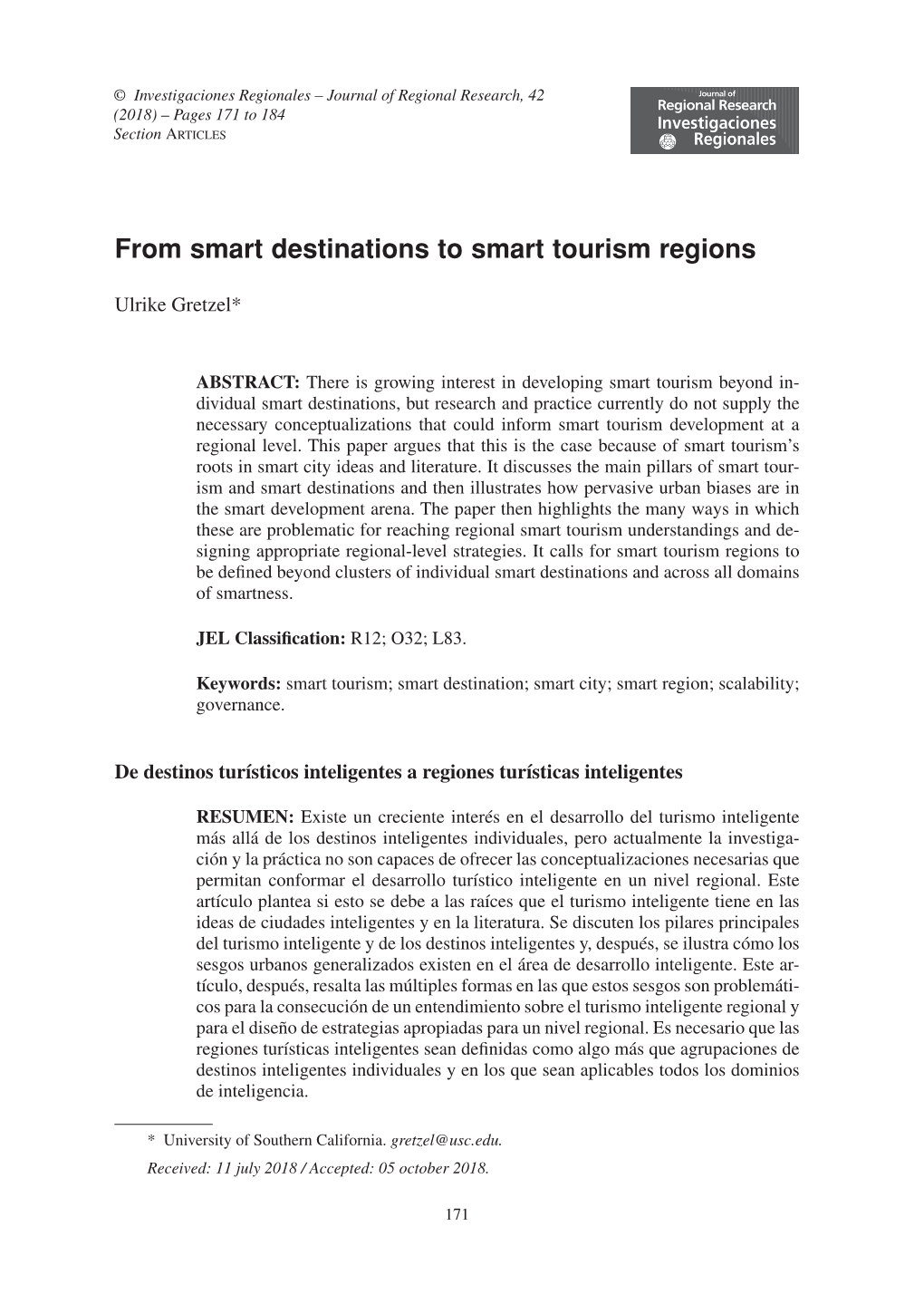 From Smart Destinations to Smart Tourism Regions