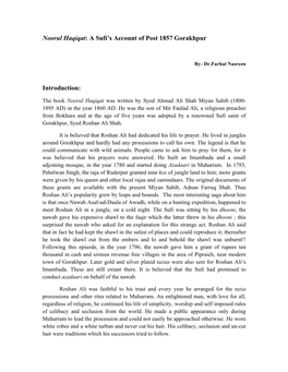 Noorul Haqiqat: a Sufi's Account of Post 1857 Gorakhpur Introduction