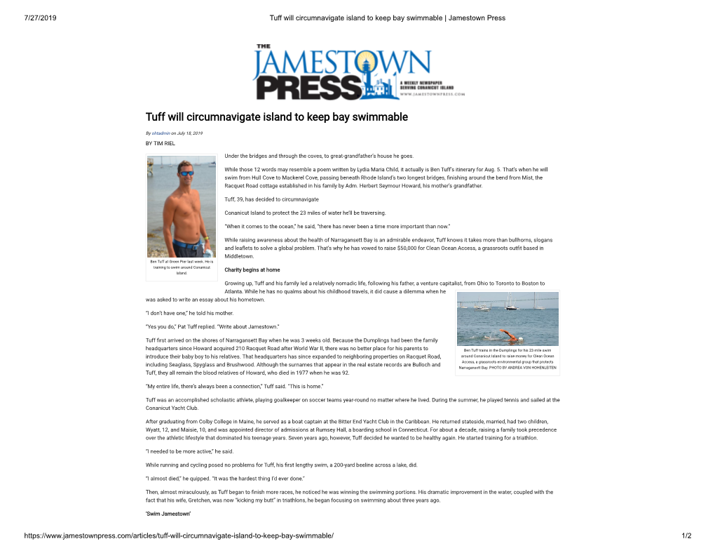 Tuff Will Circumnavigate Island to Keep Bay Swimmable | Jamestown Press