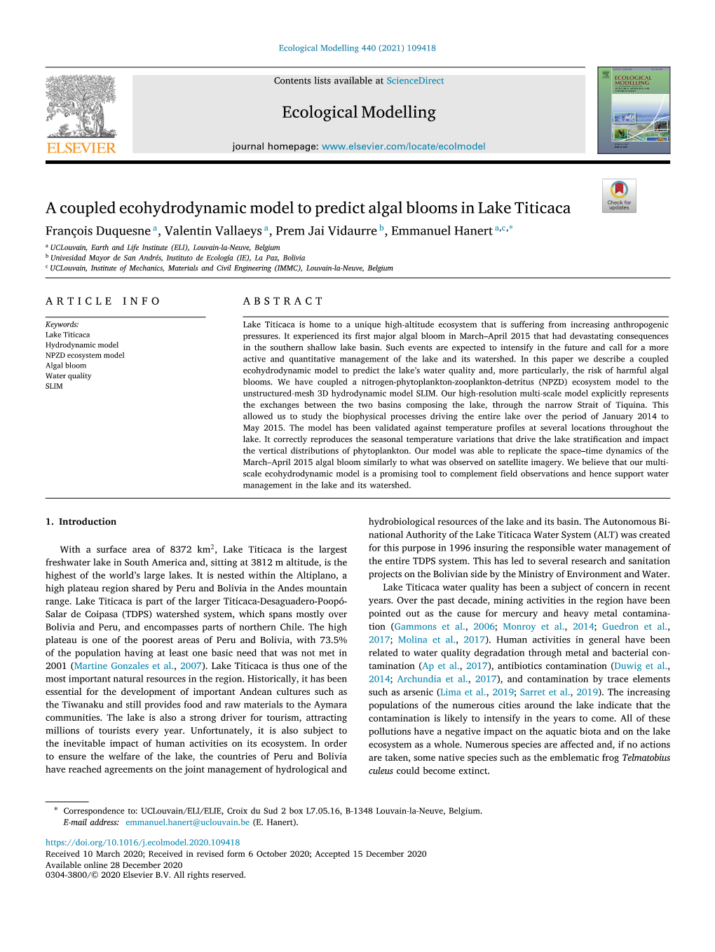 A Coupled Ecohydrodynamic Model to Predict Algal Blooms in Lake Titicaca